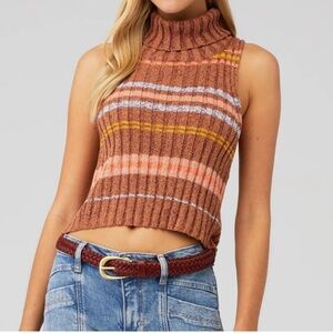Free People | Edith Turtleneck Sweater Vest Berry Petals Brown Stripe Medium